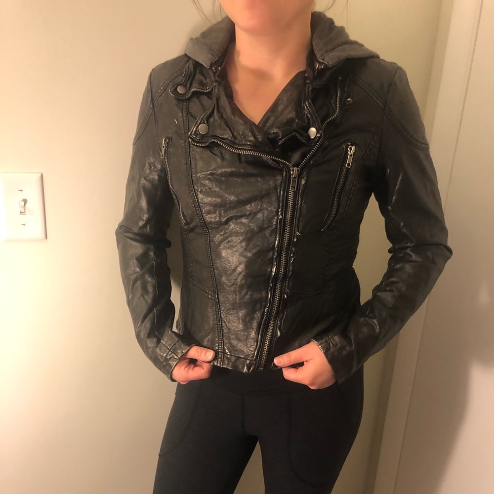 COPY - Free People Black Leather Jacket w/ Removable Hood